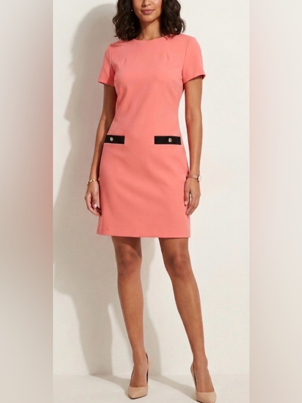Tommy Hilfiger Coral Short Sleeve Shift Dress Black Pocket Trim Size 8